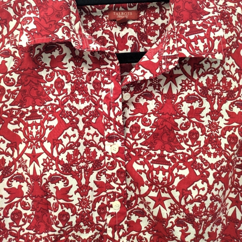 Talbots White And Red Christmas Tree Holiday Button Up Shirt sz 8 Reindeer Dove - Picture 7 of 10